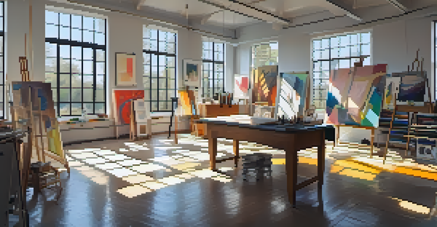 An art studio filled with abstract artworks and sunlight streaming through windows, creating an inspiring atmosphere.