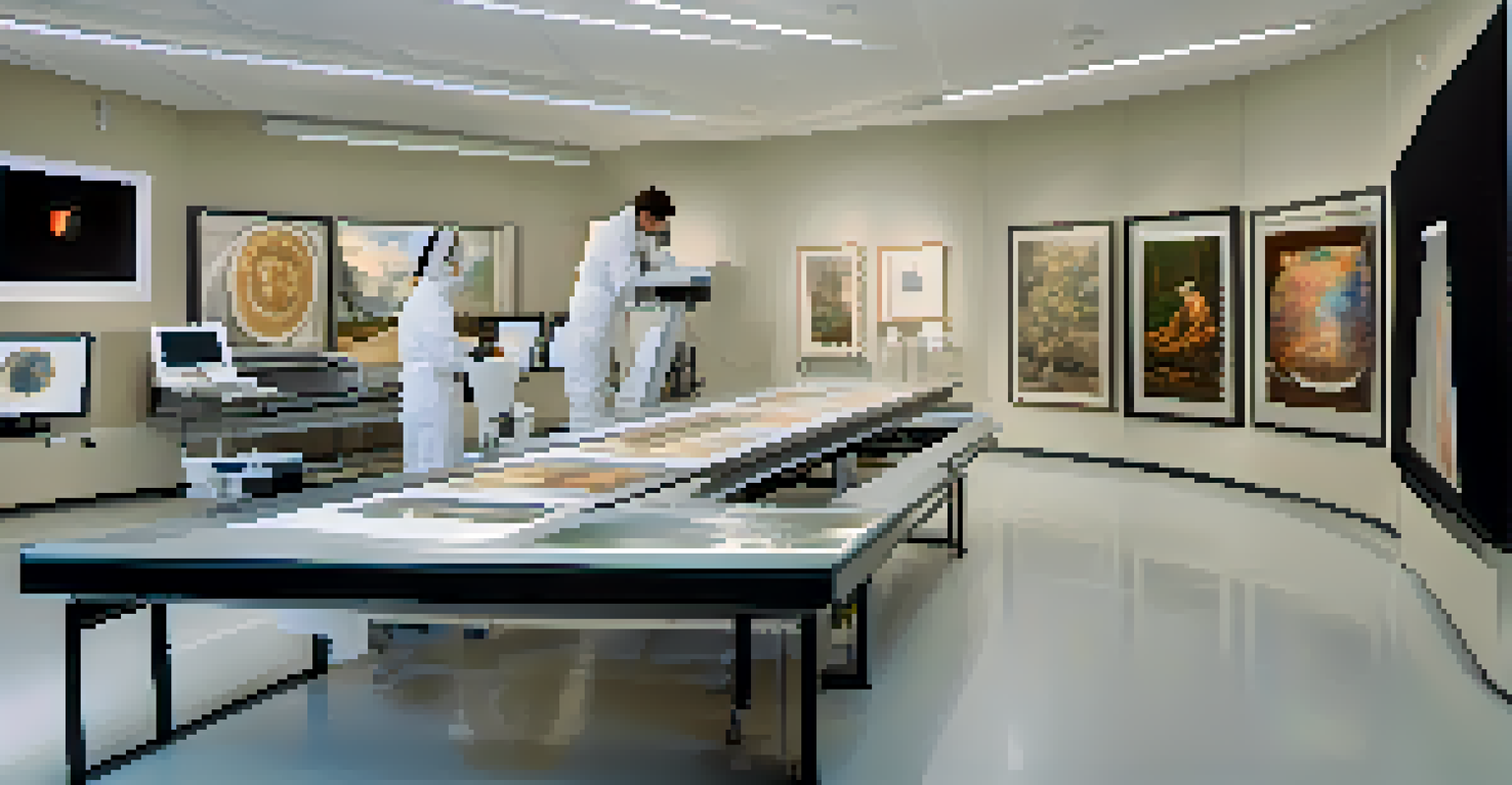 A modern art conservation lab where a conservator scans a painting using advanced digital imaging technology, with screens displaying detailed scans.
