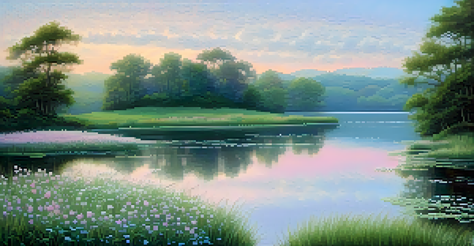A peaceful landscape at dawn with a pastel sky, calm lake, and white flowers.