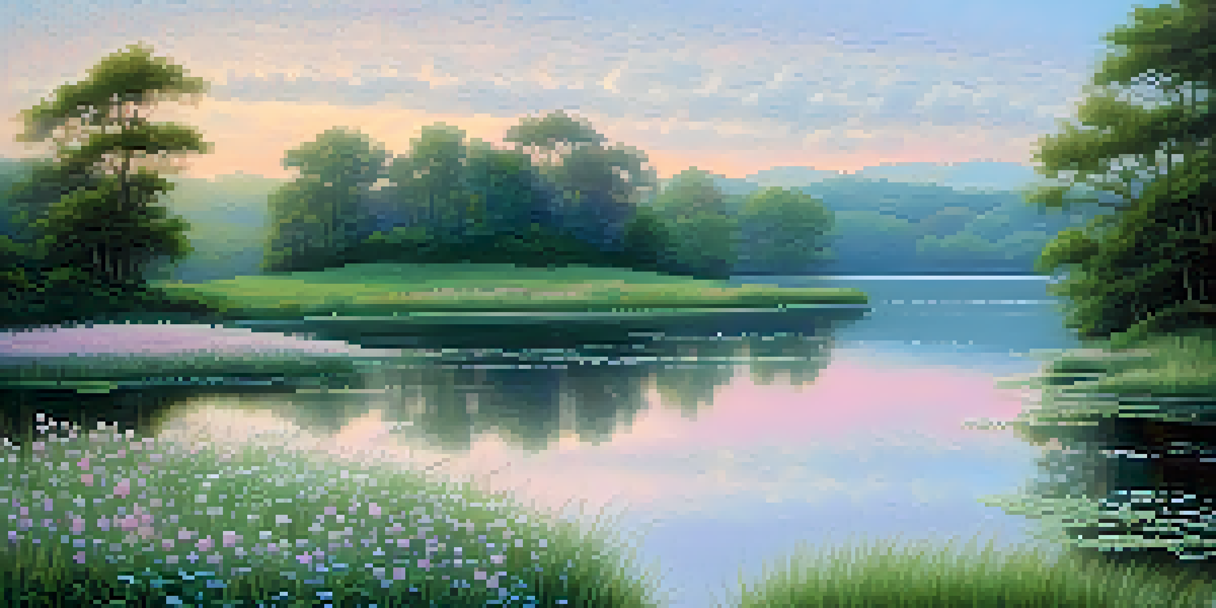 A peaceful landscape at dawn with a pastel sky, calm lake, and white flowers.