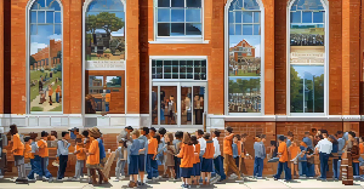 An educational mural depicting local history with historical figures and landmarks, designed to inspire students and community members.