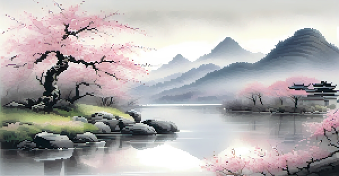 A tranquil landscape in the style of Chinese ink wash painting, with misty mountains, a flowing river, and cherry blossom trees, showcasing soft gradients and gentle brushstrokes.