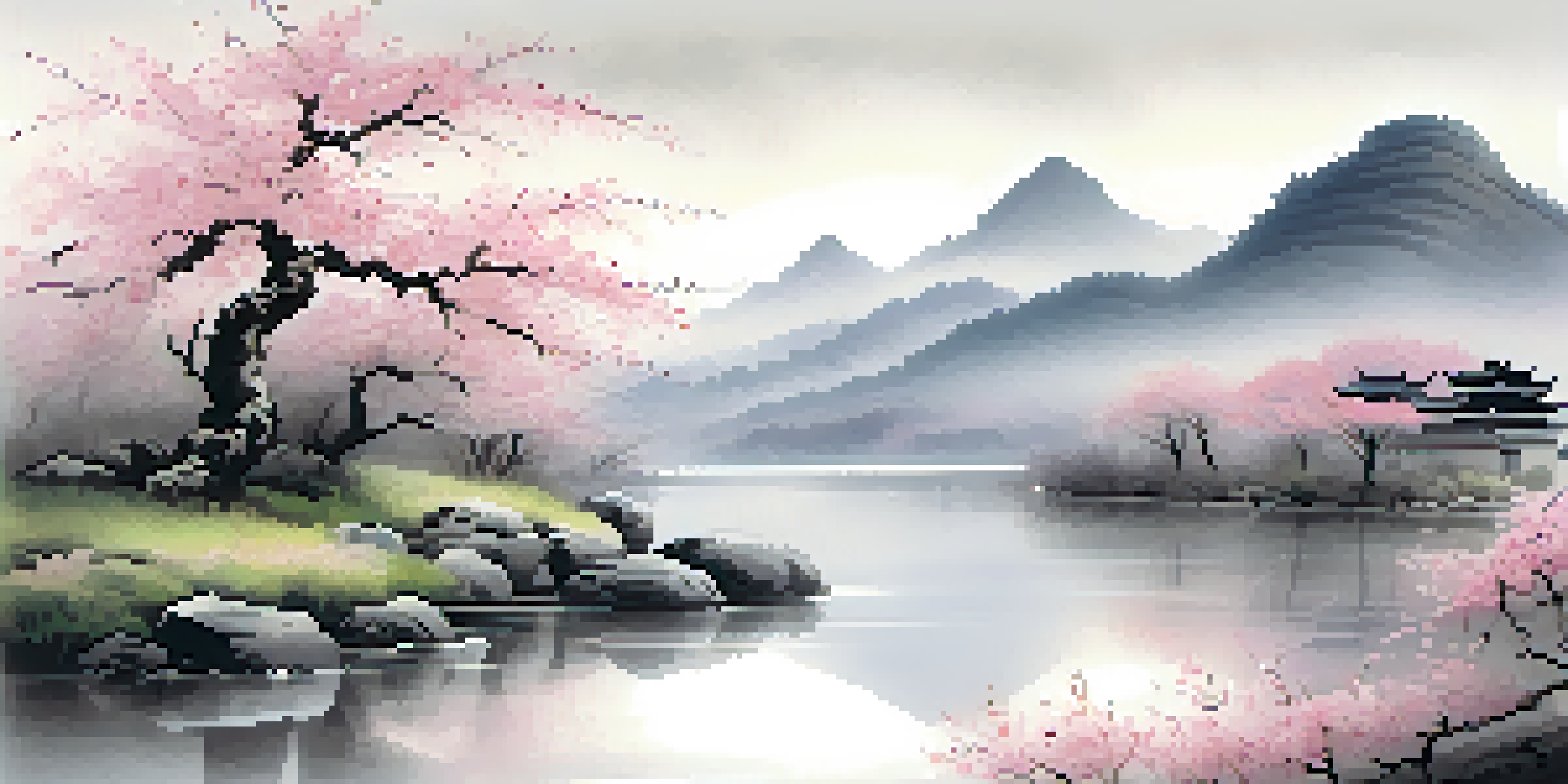 A tranquil landscape in the style of Chinese ink wash painting, with misty mountains, a flowing river, and cherry blossom trees, showcasing soft gradients and gentle brushstrokes.