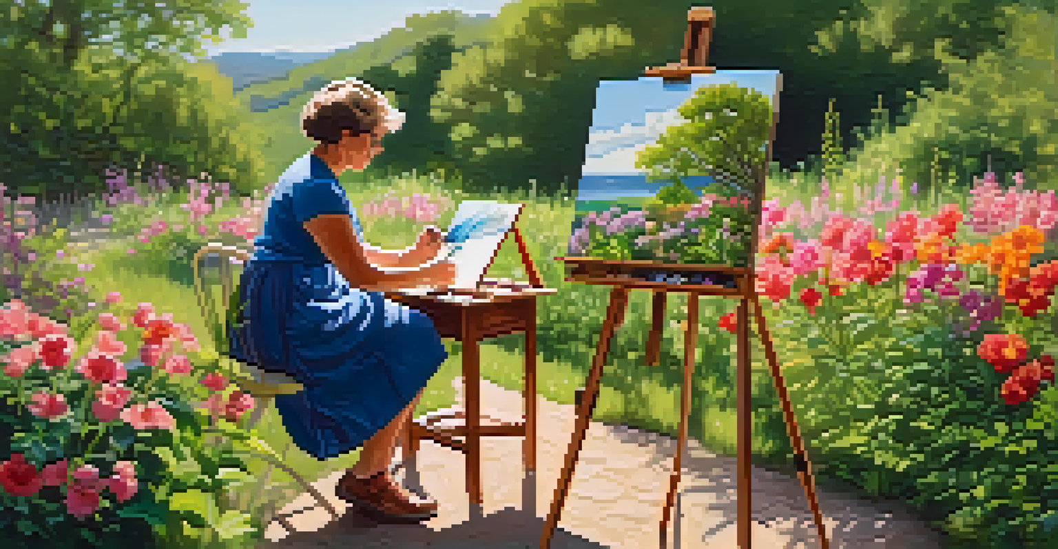 An artist painting outdoors with a colorful landscape and sunlight filtering through the trees.