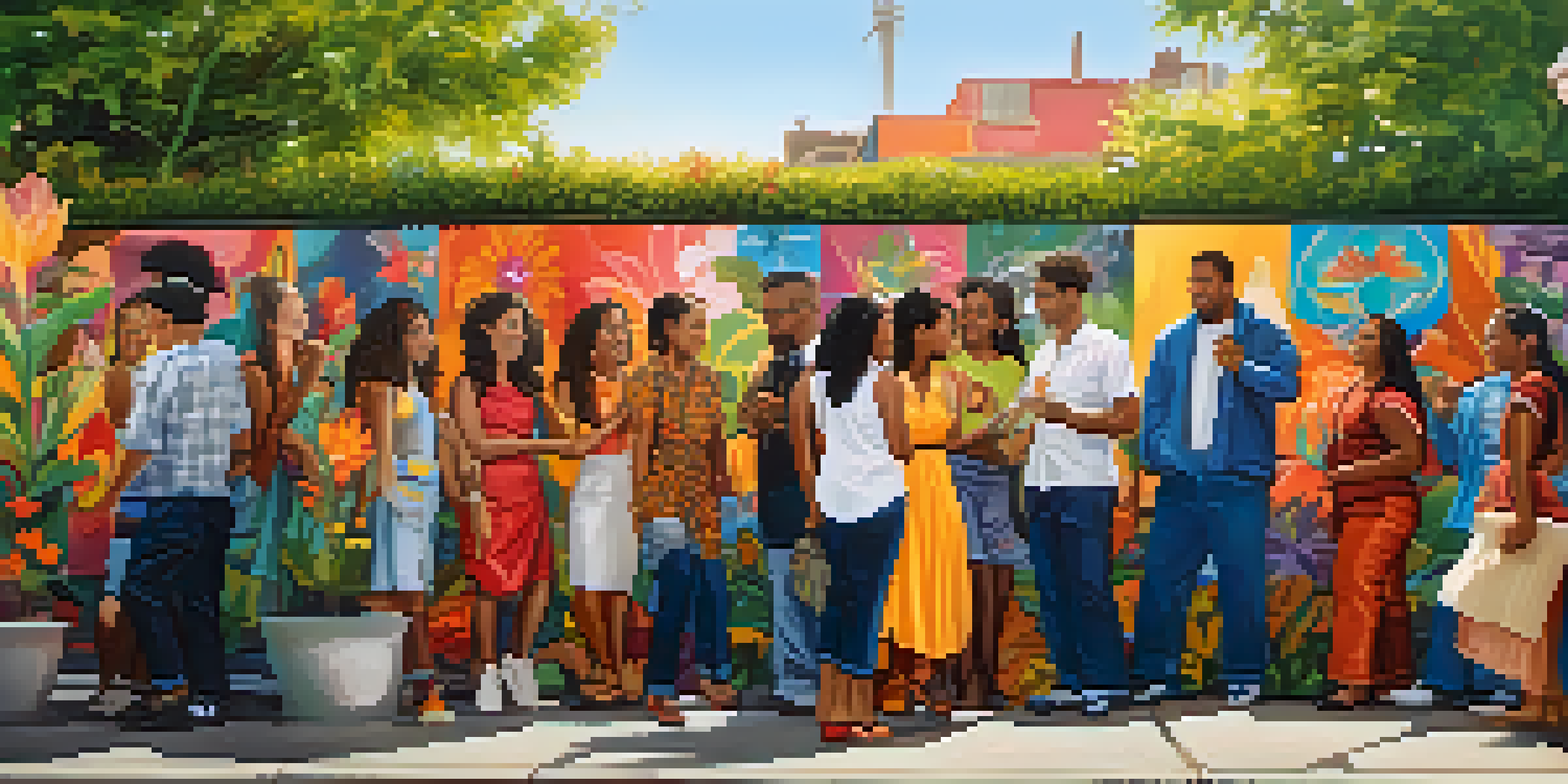 A colorful mural featuring diverse individuals talking in an urban setting, surrounded by flowers and greenery under soft sunlight.
