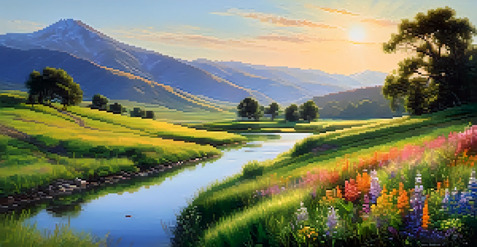 A peaceful landscape with rolling hills, a winding river, and a colorful field of wildflowers, illuminated by the warm light of sunset.