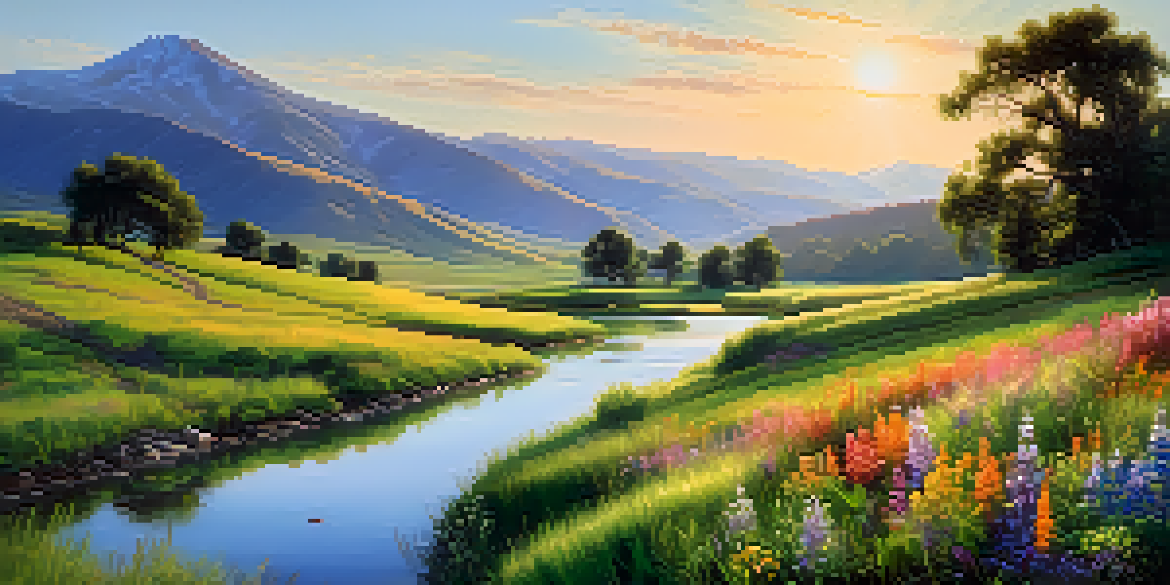 A peaceful landscape with rolling hills, a winding river, and a colorful field of wildflowers, illuminated by the warm light of sunset.