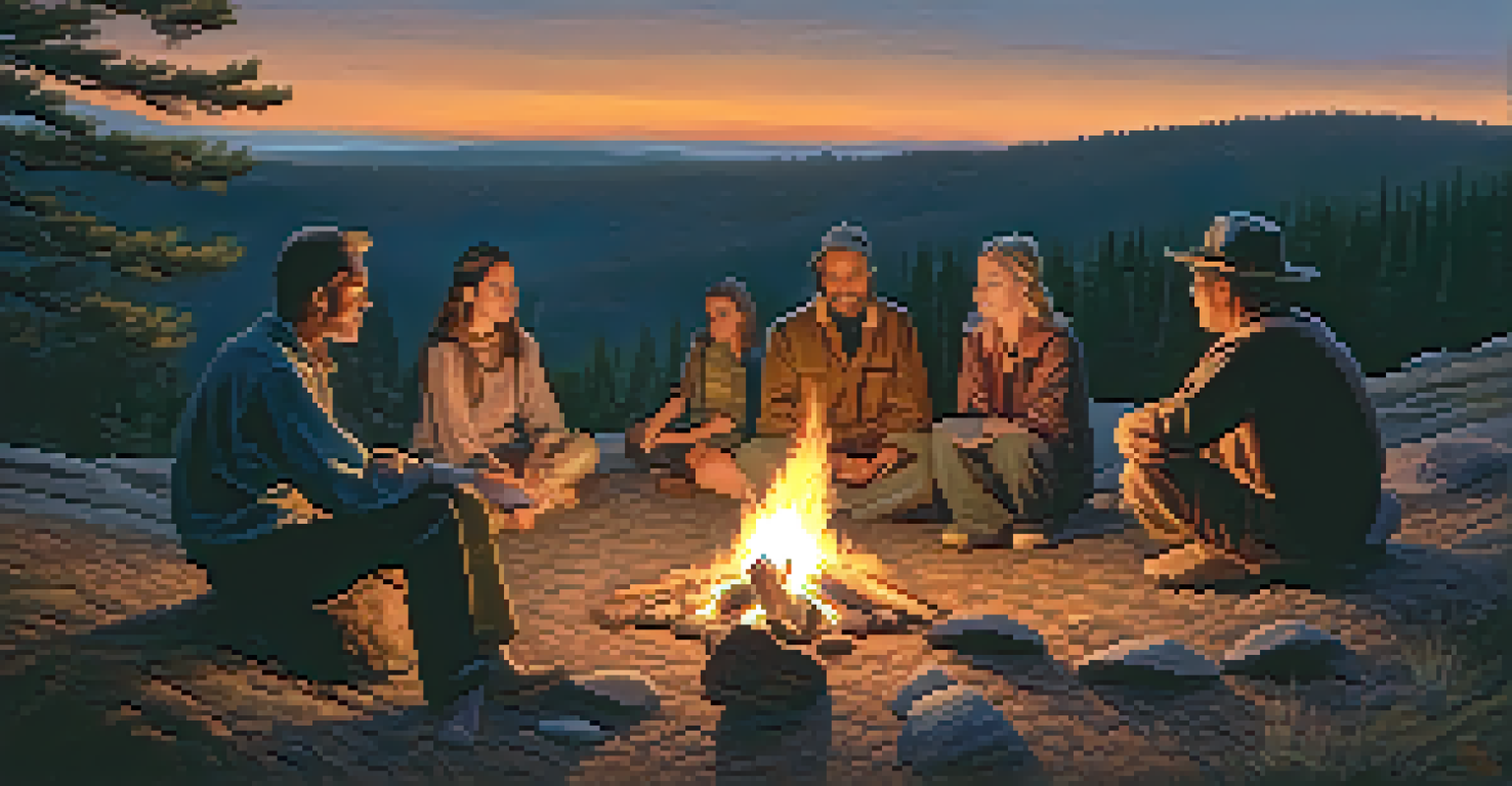 A group of people gathered around a campfire at dusk, listening to an elder tell stories, illuminated by the warm firelight.