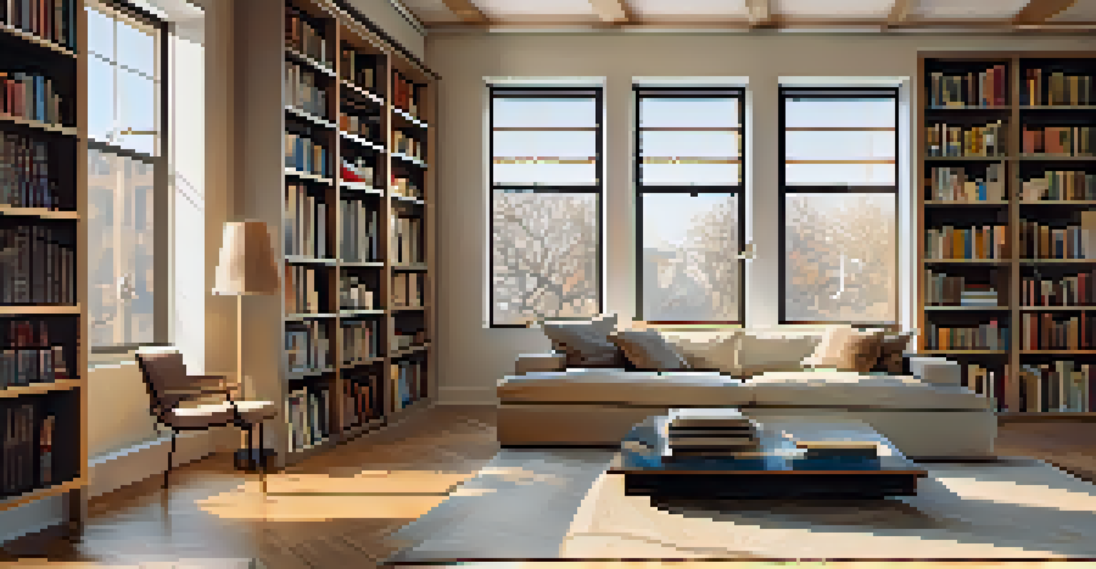 An art collector's study with a bookshelf of art books and modern art on the wall, illuminated by warm sunlight from large windows.