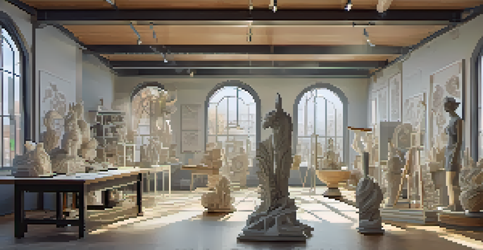 A bright artist's studio showing various intricate 3D-printed sculptures and sketches on the walls, illuminated by natural light.