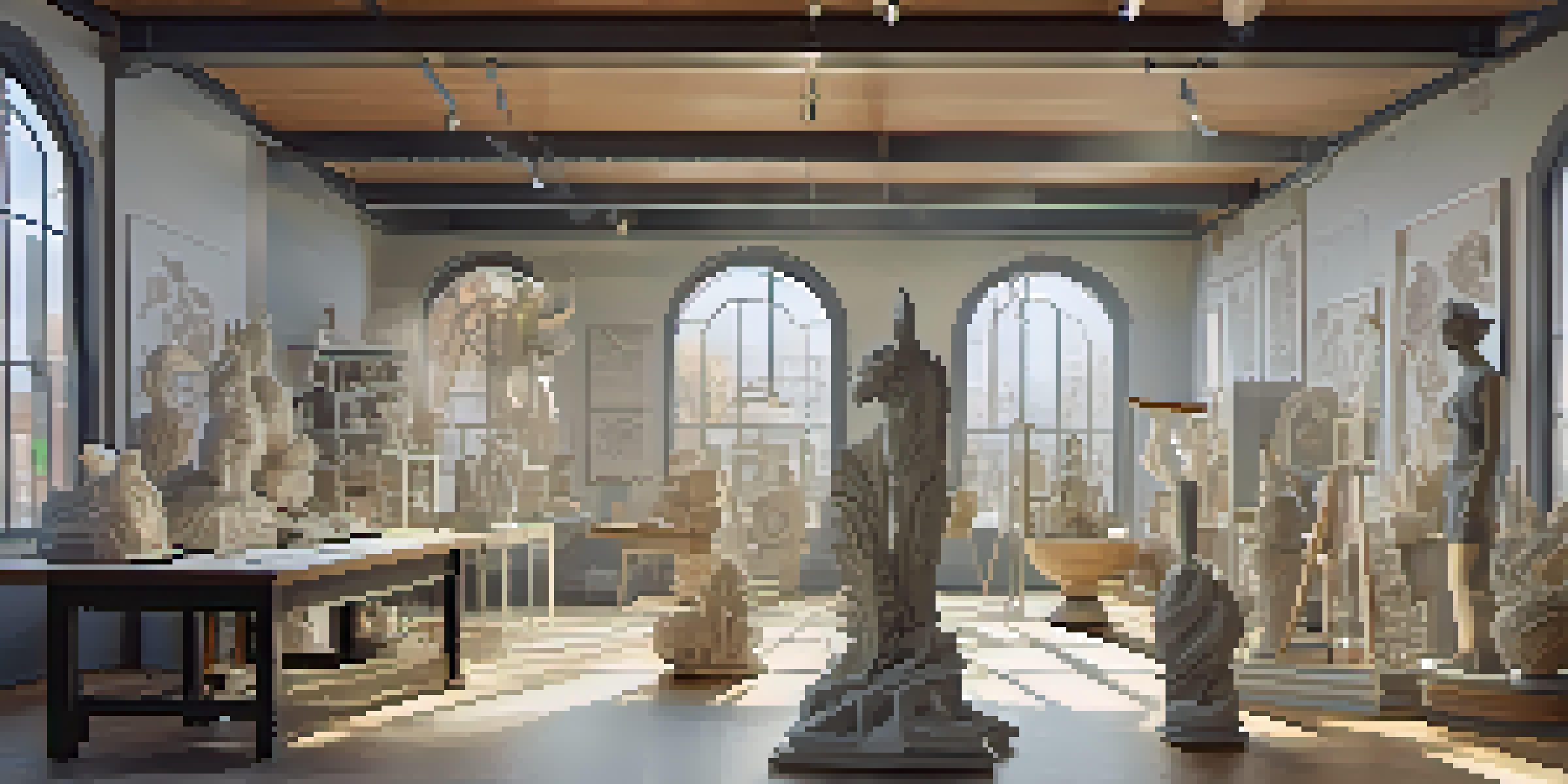 A bright artist's studio showing various intricate 3D-printed sculptures and sketches on the walls, illuminated by natural light.