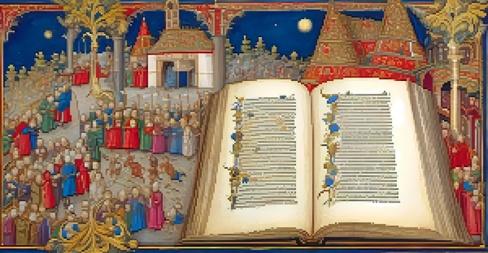 A close-up of an illuminated manuscript page with gold leaf and vibrant colors, surrounded by blurred brushes and pigments.