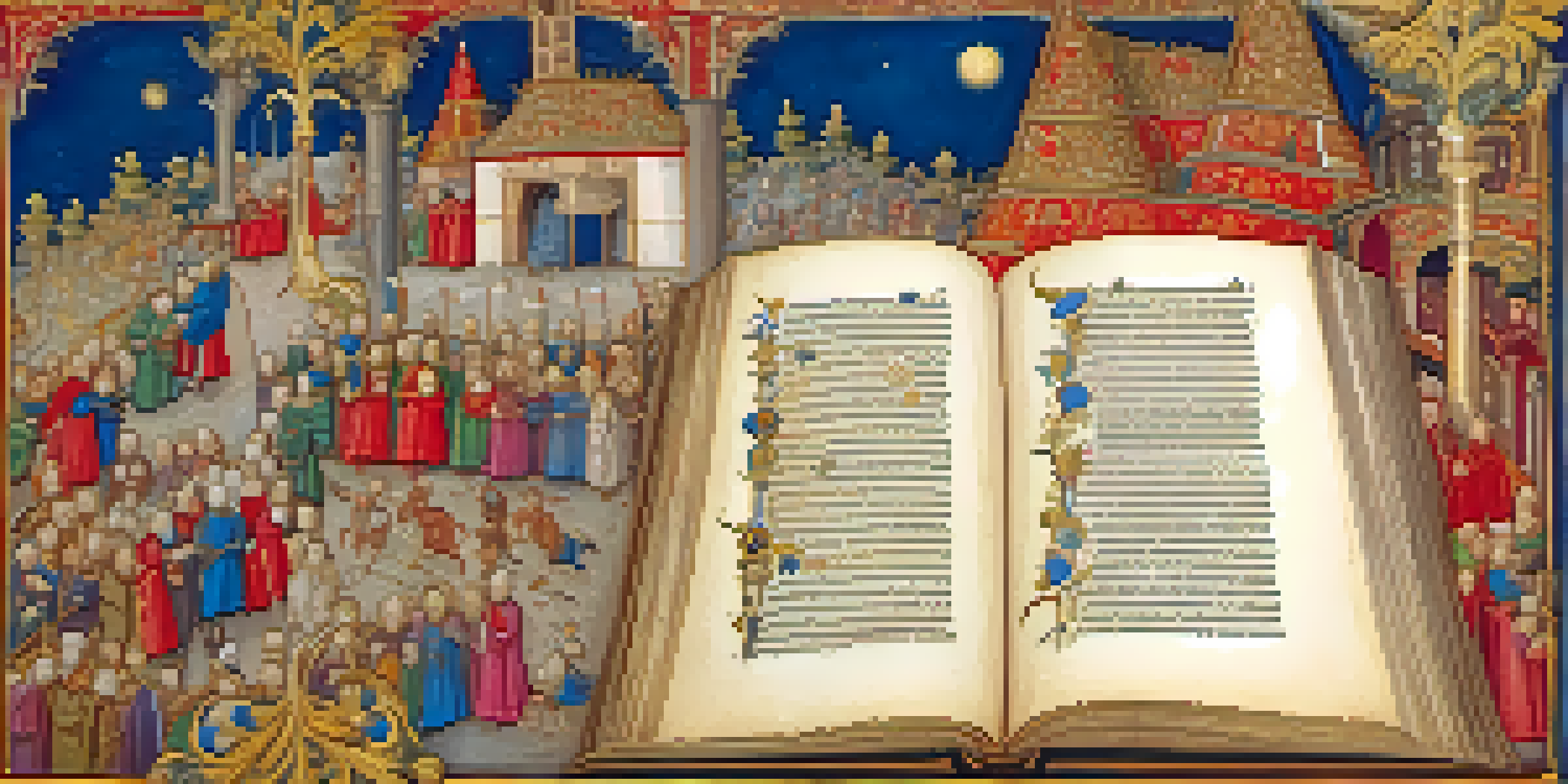 A close-up of an illuminated manuscript page with gold leaf and vibrant colors, surrounded by blurred brushes and pigments.
