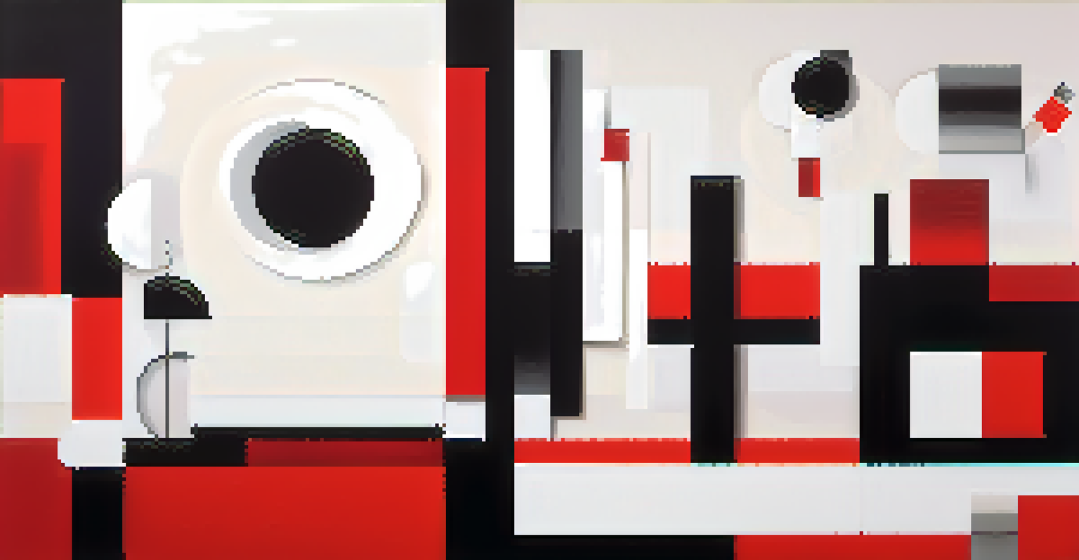 A minimalist abstract piece with geometric shapes in black, white, and red on a textured canvas.