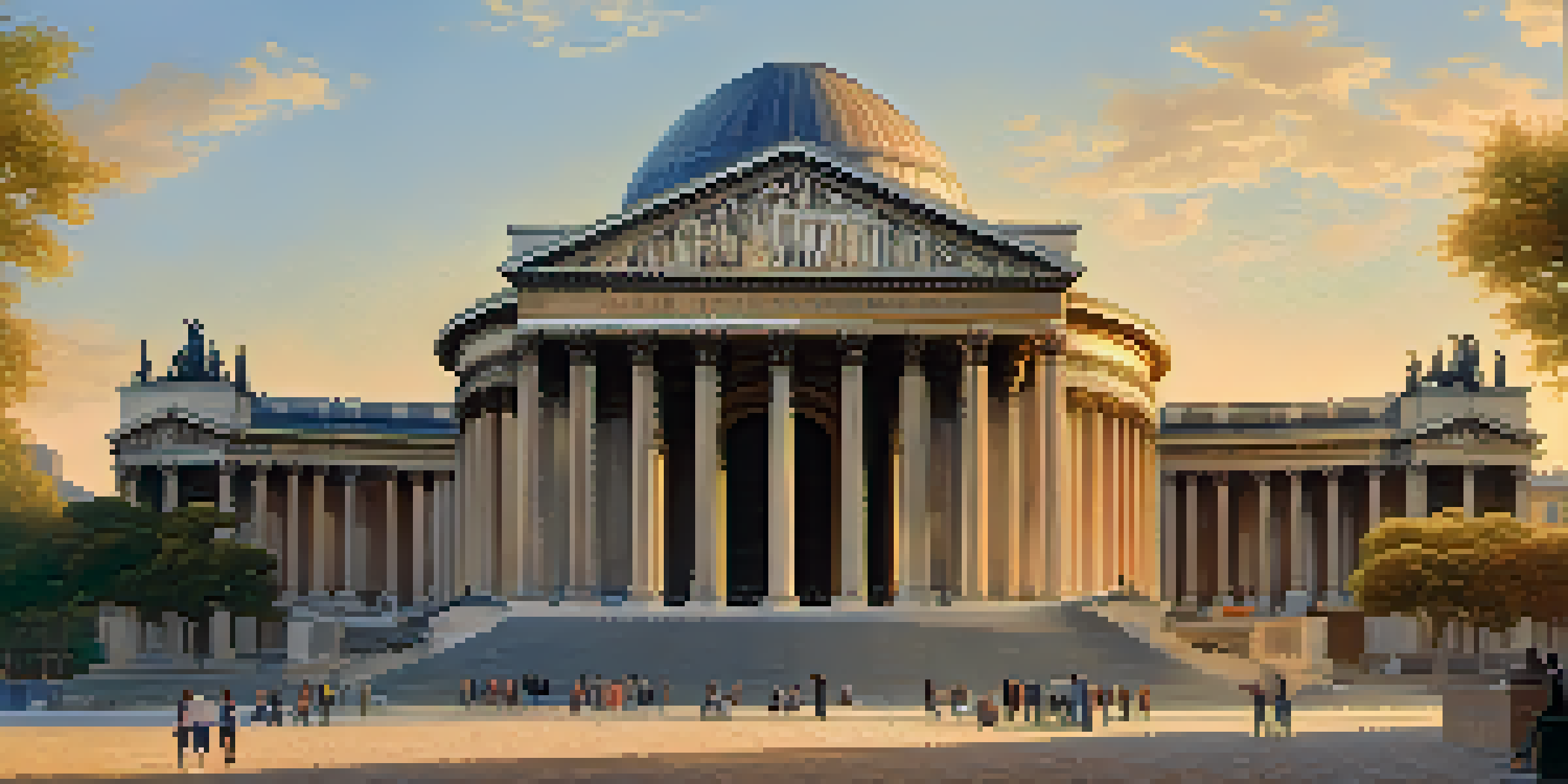 The Panthéon in Paris illuminated by sunset, with its grand dome and columns surrounded by greenery and people walking.