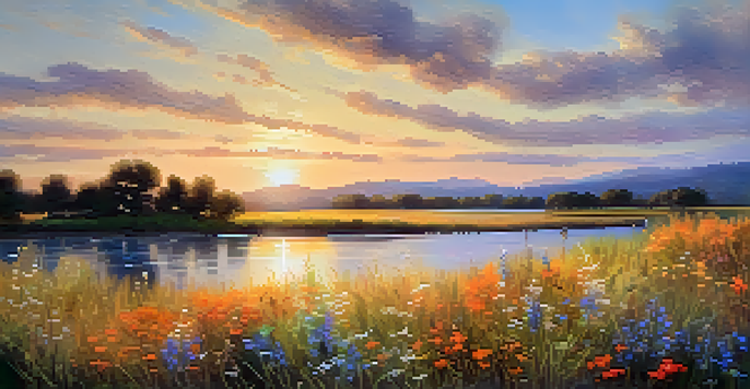 A colorful field of wildflowers with a shimmering lake in the background during sunset.