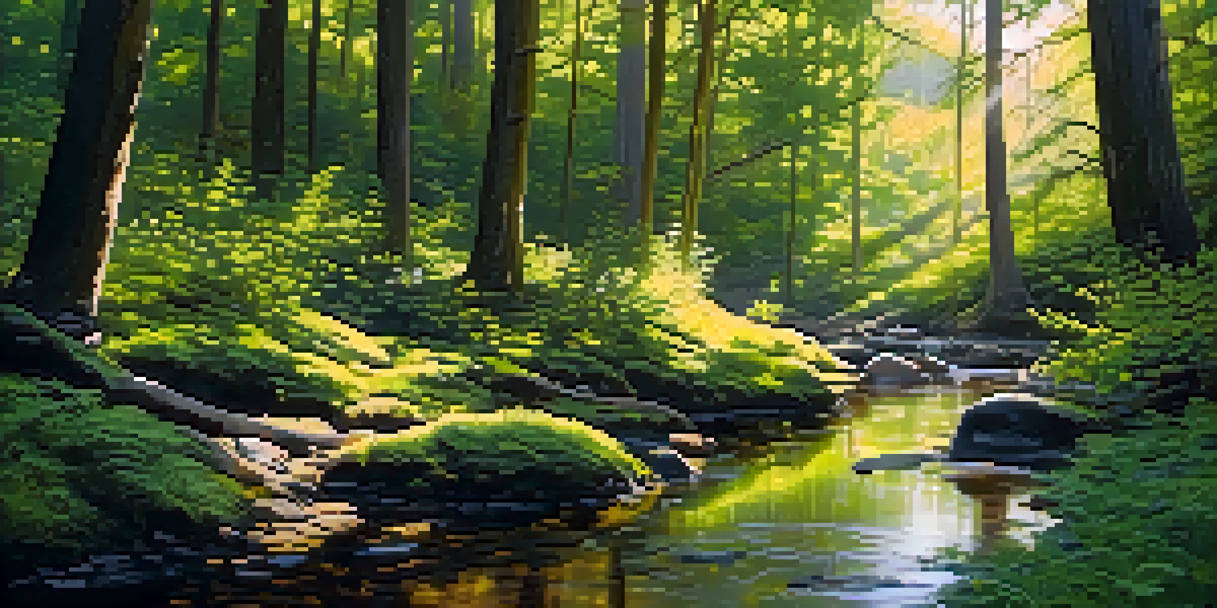 A peaceful forest scene with sunlight filtering through trees and shadows on the ground, featuring lush greenery and a small stream.