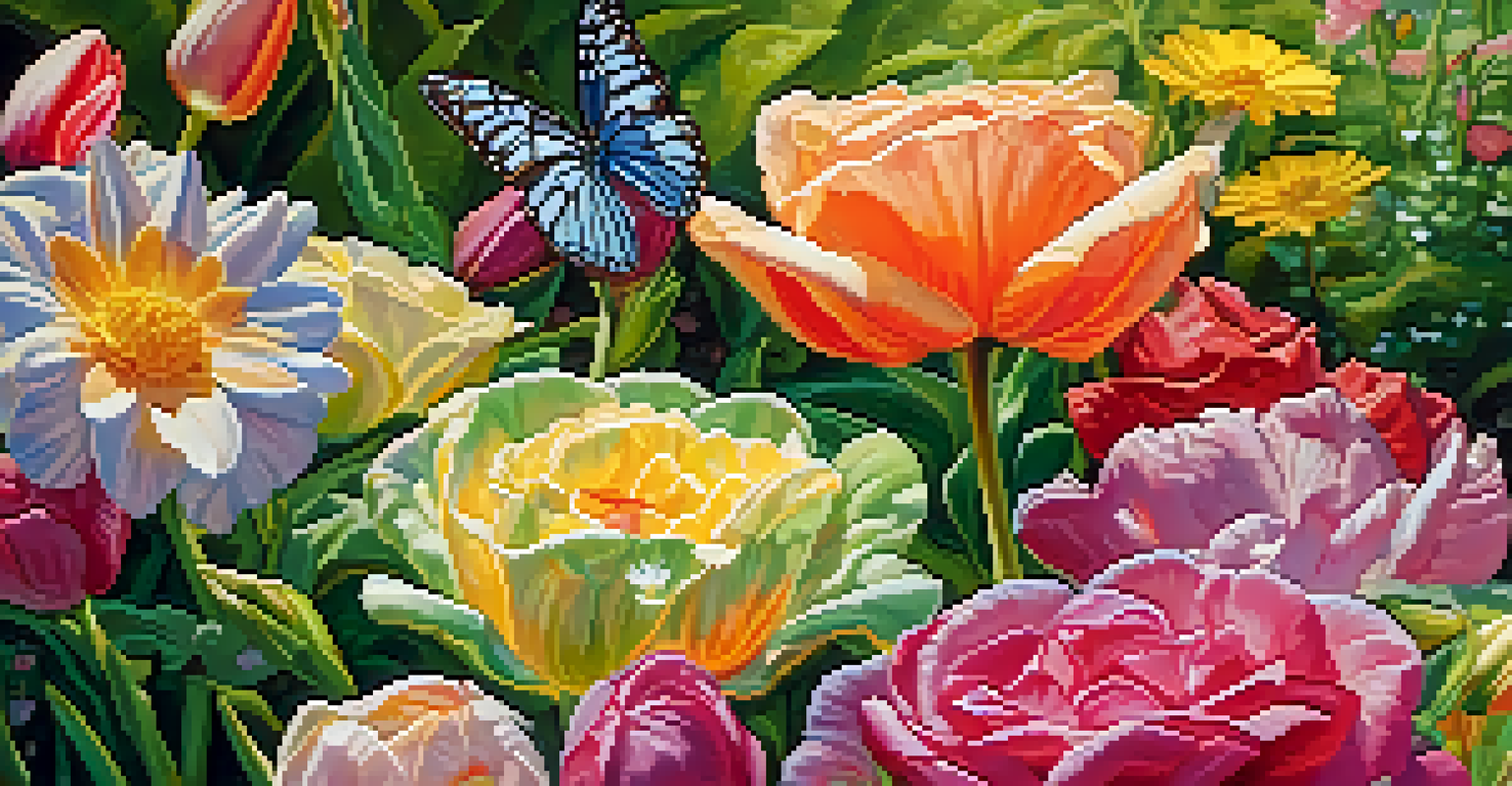 A close-up of a vibrant garden with various colorful flowers and a butterfly.