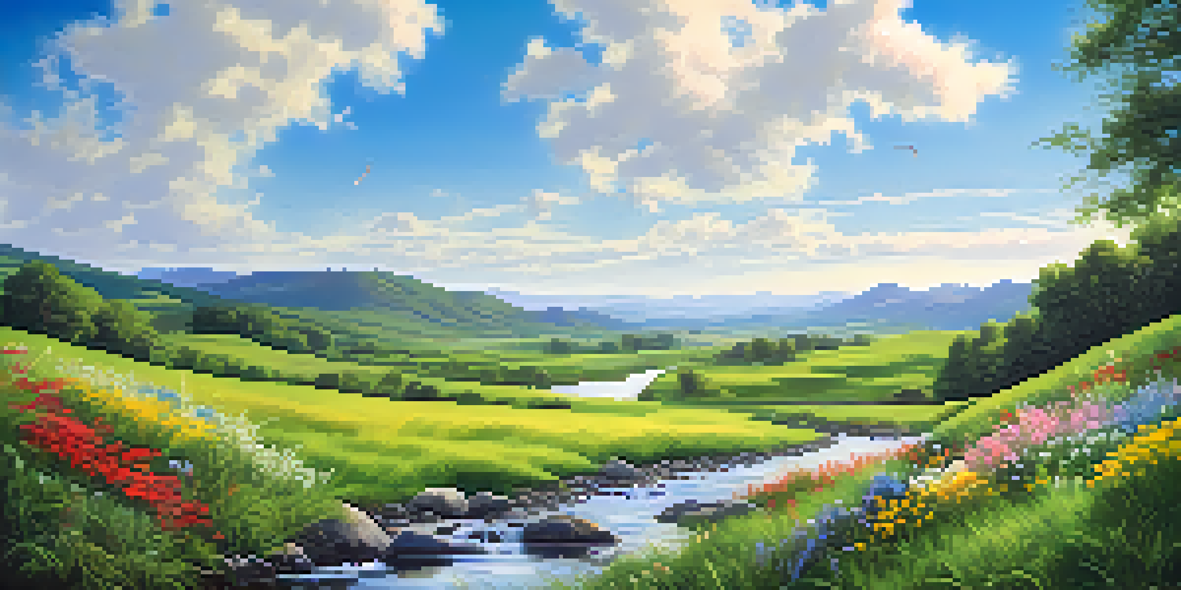 A beautiful green valley with colorful wildflowers, a stream, and birds in a bright blue sky.