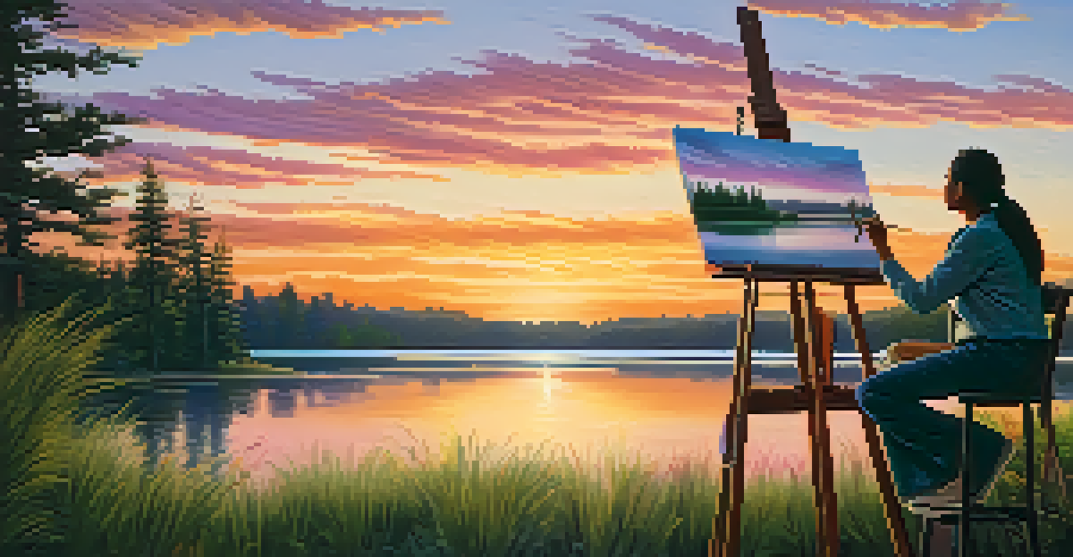 An Indigenous artist painting a colorful sunset over a lake, with reflections in the water and lush greenery surrounding the scene.