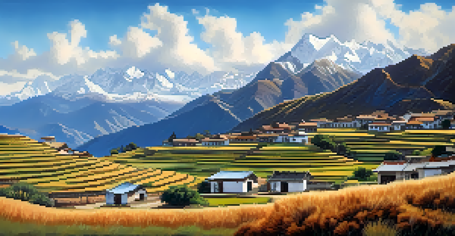 A panoramic view of the Andes mountains with traditional houses and terraced fields in the foreground.