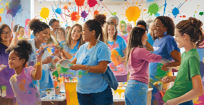 A diverse group of people engaged in a collaborative painting event, painting on a large canvas in a community center with a lively atmosphere.