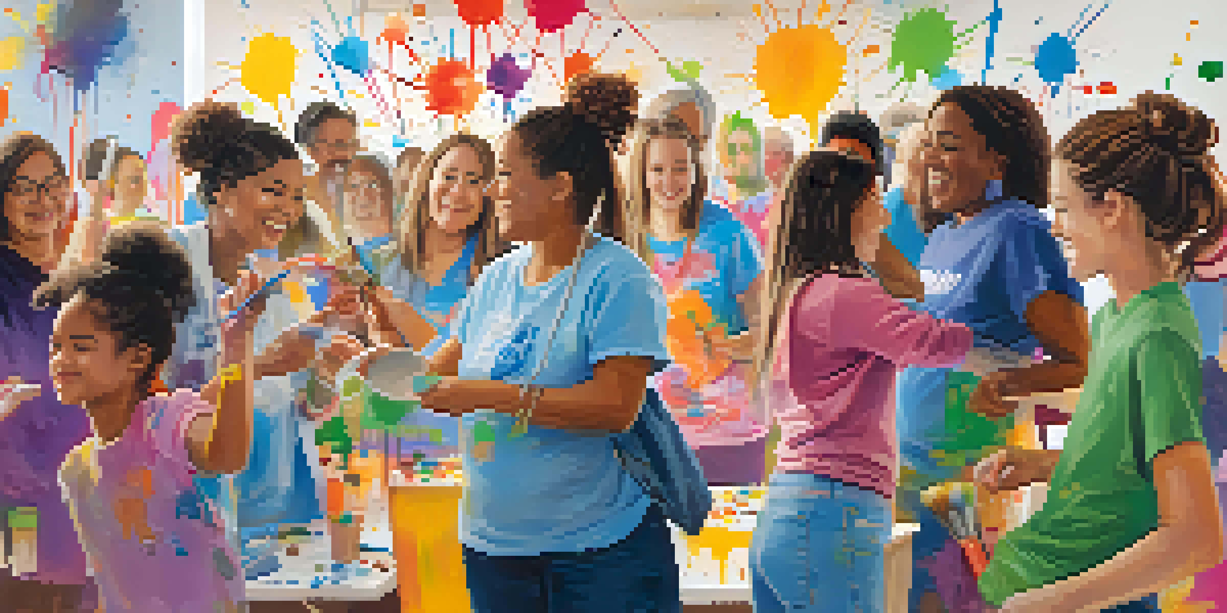 A diverse group of people engaged in a collaborative painting event, painting on a large canvas in a community center with a lively atmosphere.