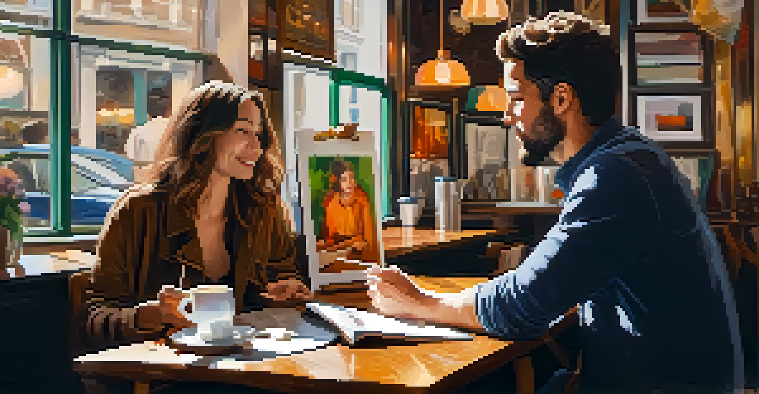 Two artists in a café discussing art, with one holding a sketchbook and the other pointing at a painting.