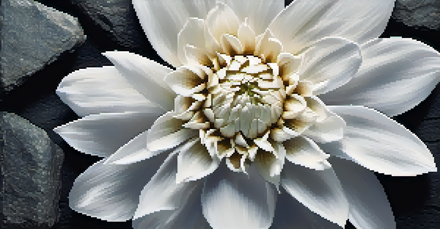 A delicate white flower on a rough dark stone background, showcasing texture contrast.