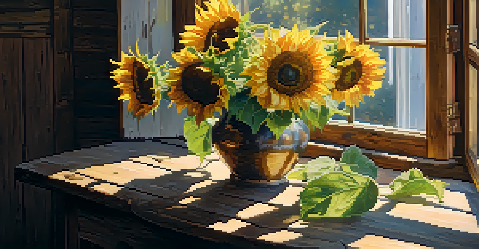 A vibrant bouquet of sunflowers in a rustic vase on a wooden table bathed in warm sunlight.