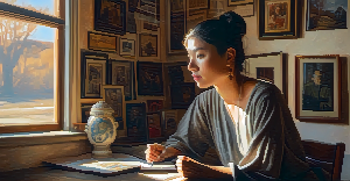 A person in a sunlit room with personal artifacts, looking thoughtfully at a framed portrait.