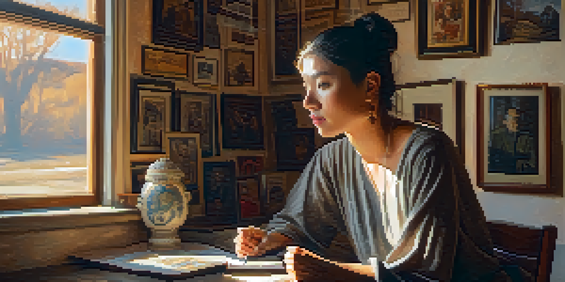 A person in a sunlit room with personal artifacts, looking thoughtfully at a framed portrait.