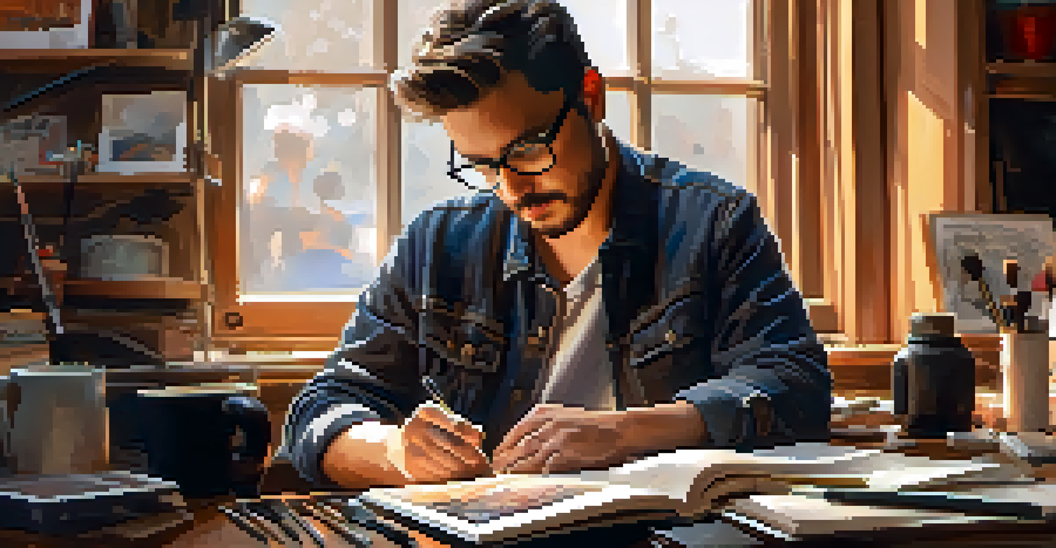 An artist at a desk, creating digital art on a tablet, surrounded by sketches and art supplies.