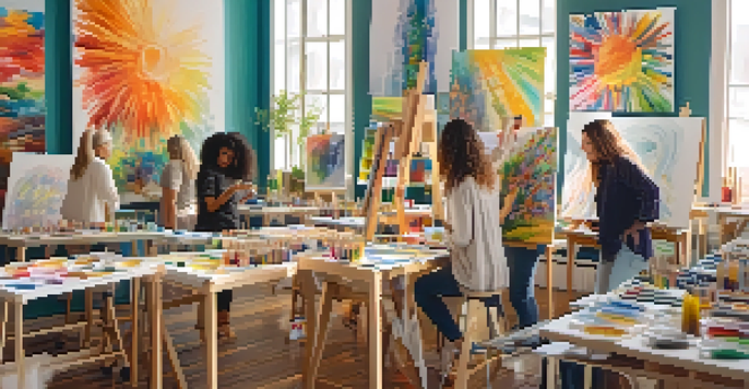 A bright art therapy room with diverse individuals painting on canvases, surrounded by vibrant colors and art supplies.