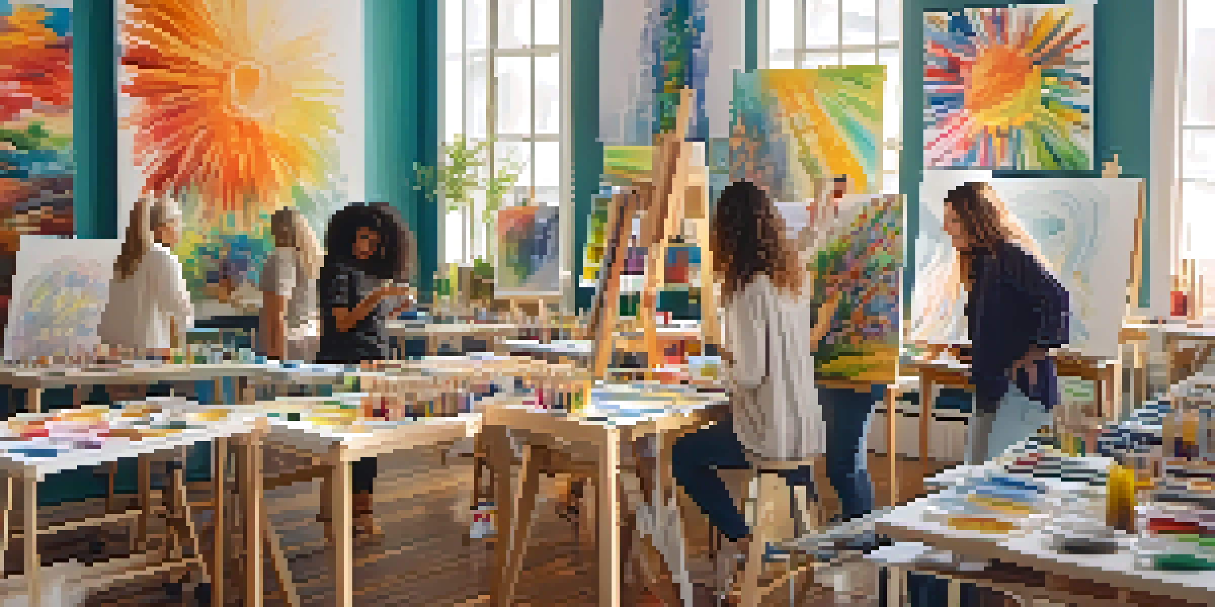 A bright art therapy room with diverse individuals painting on canvases, surrounded by vibrant colors and art supplies.