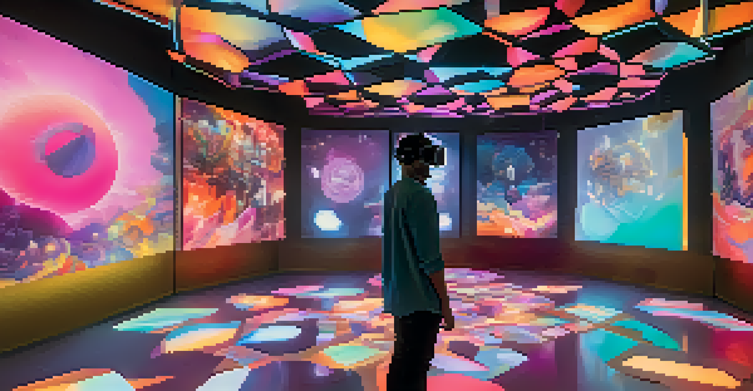 A person using virtual reality goggles to explore a 3D art exhibition filled with glowing digital artworks.