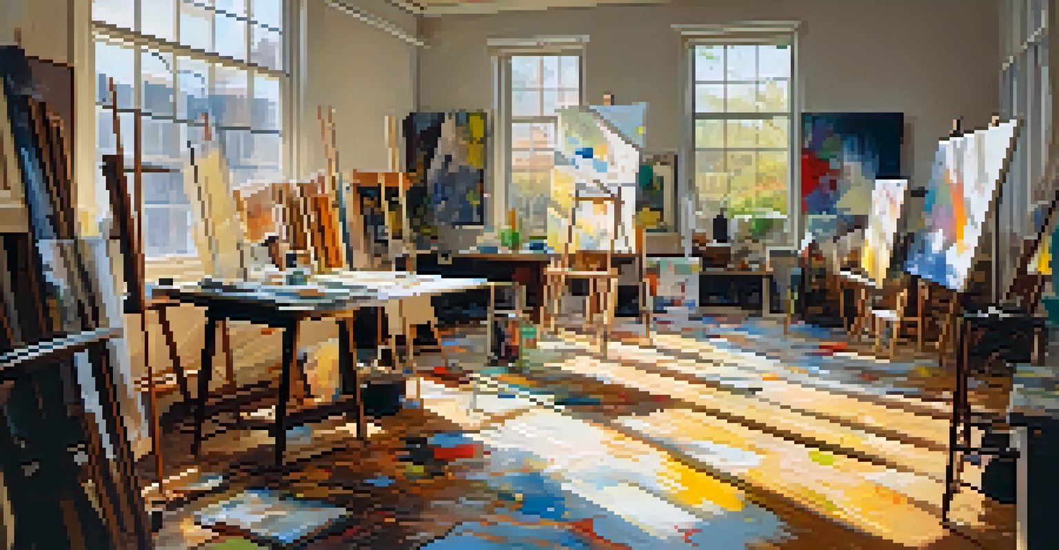 An artist's studio with large abstract canvases, natural light, and scattered paint supplies, showcasing a creative environment.