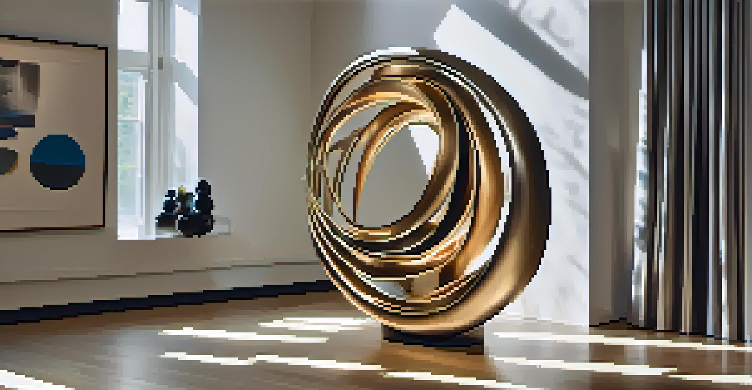 A metallic sculpture showcasing movement, placed in a minimalist gallery with soft lighting.
