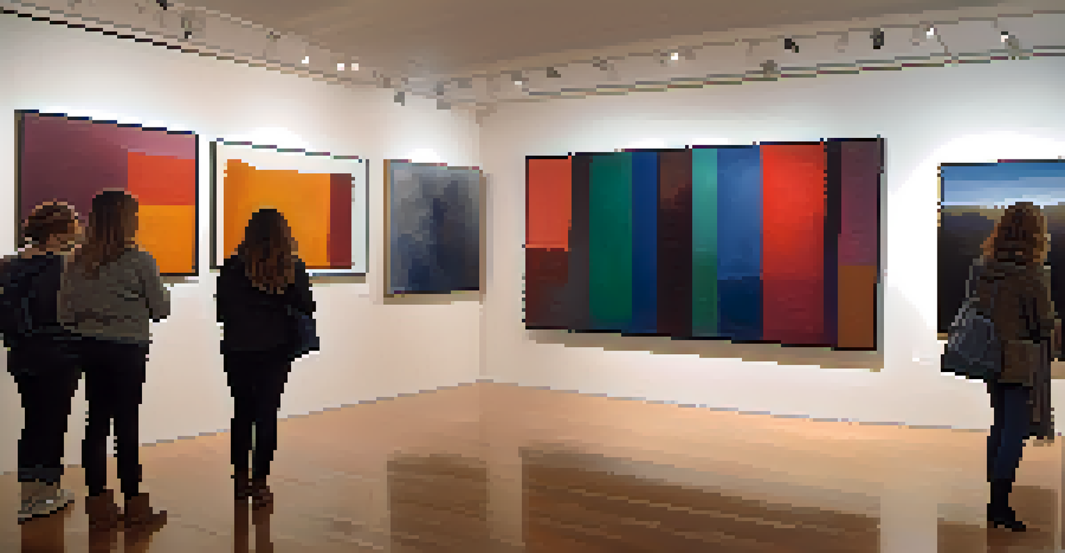 An art gallery displaying emotional paintings by women artists, with viewers engaging in discussion under soft lighting.