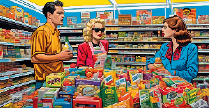A colorful comic strip scene with exaggerated characters shopping in a grocery store, featuring bold colors and thick outlines.
