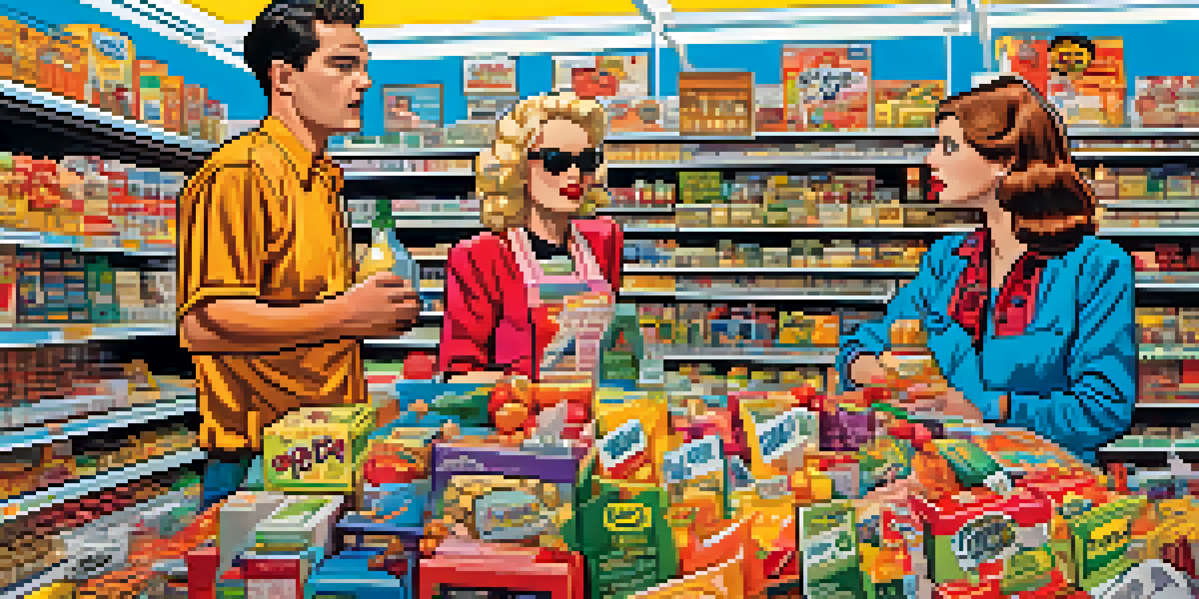 A colorful comic strip scene with exaggerated characters shopping in a grocery store, featuring bold colors and thick outlines.