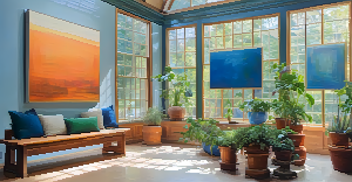 A bright gallery showcasing colorful abstract paintings with natural light, a wooden bench in the foreground, and potted plants.