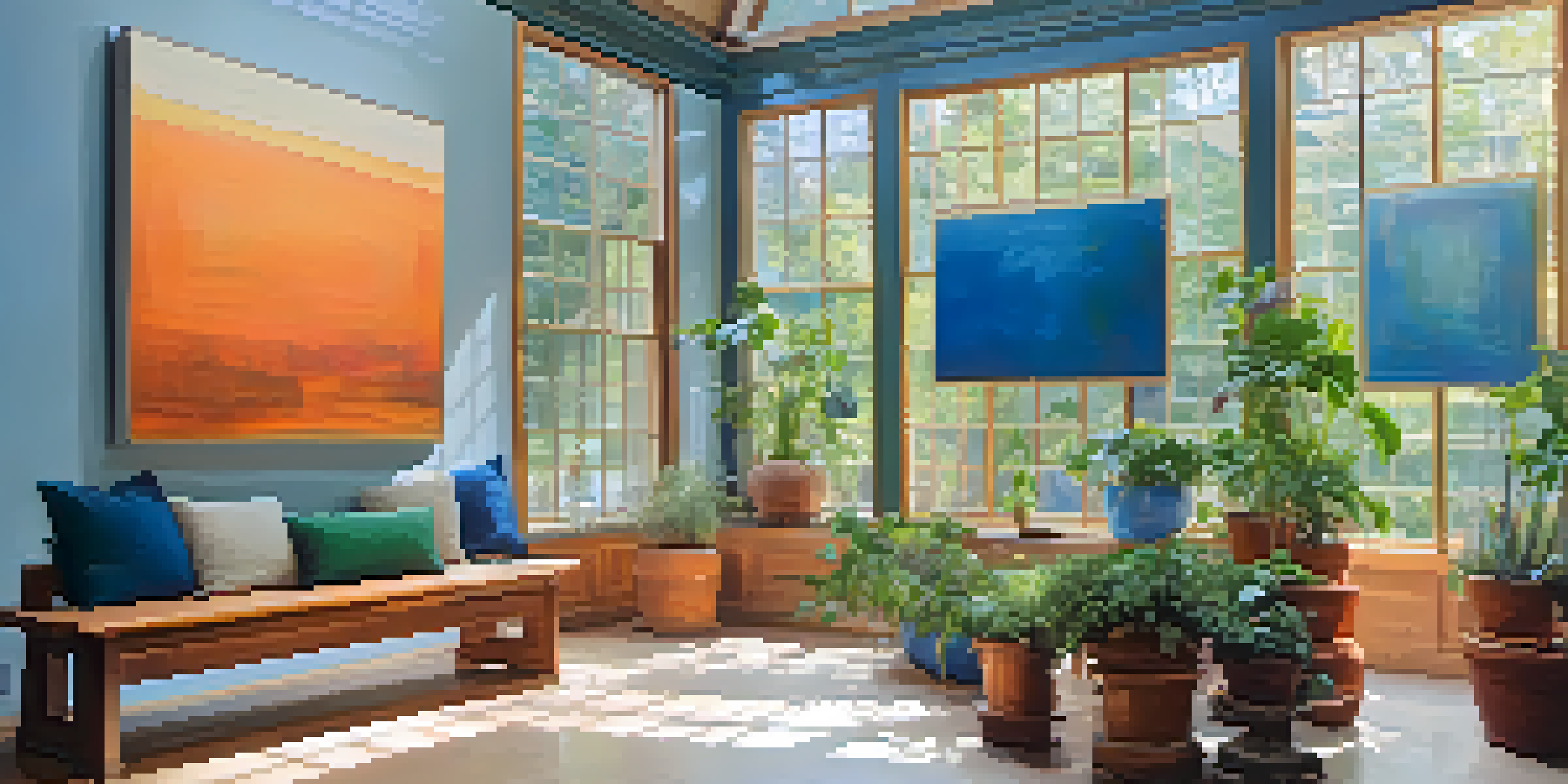 A bright gallery showcasing colorful abstract paintings with natural light, a wooden bench in the foreground, and potted plants.