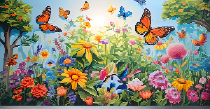 A colorful mural of a whimsical garden with flowers, butterflies, and animals on a concrete wall, illuminated by sunlight.