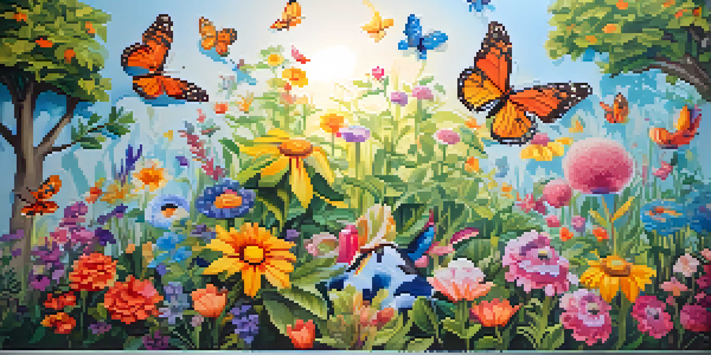A colorful mural of a whimsical garden with flowers, butterflies, and animals on a concrete wall, illuminated by sunlight.