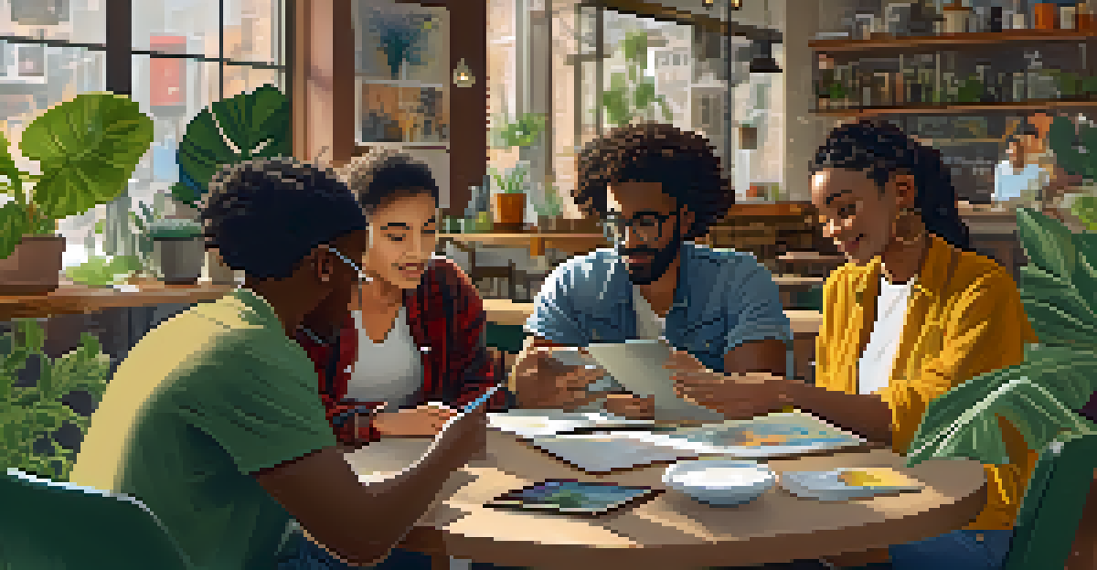 A group of diverse artists collaborating and sharing ideas in a cozy cafe.