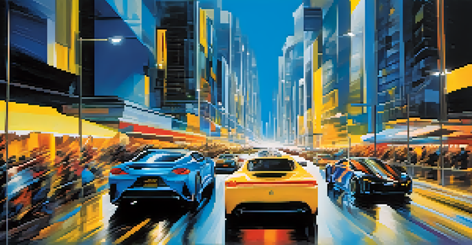 A lively urban landscape with futuristic architecture and fast-moving vehicles, highlighted by vibrant colors that evoke energy and motion.