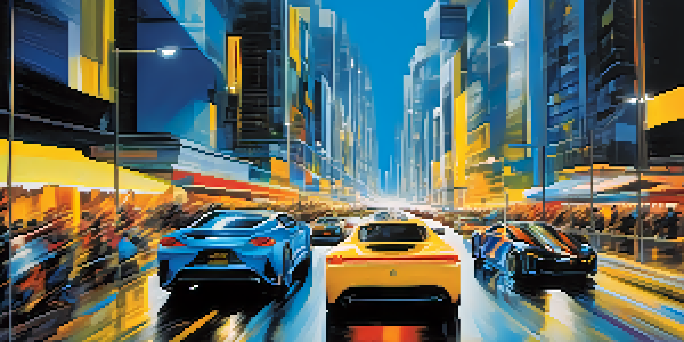 A lively urban landscape with futuristic architecture and fast-moving vehicles, highlighted by vibrant colors that evoke energy and motion.