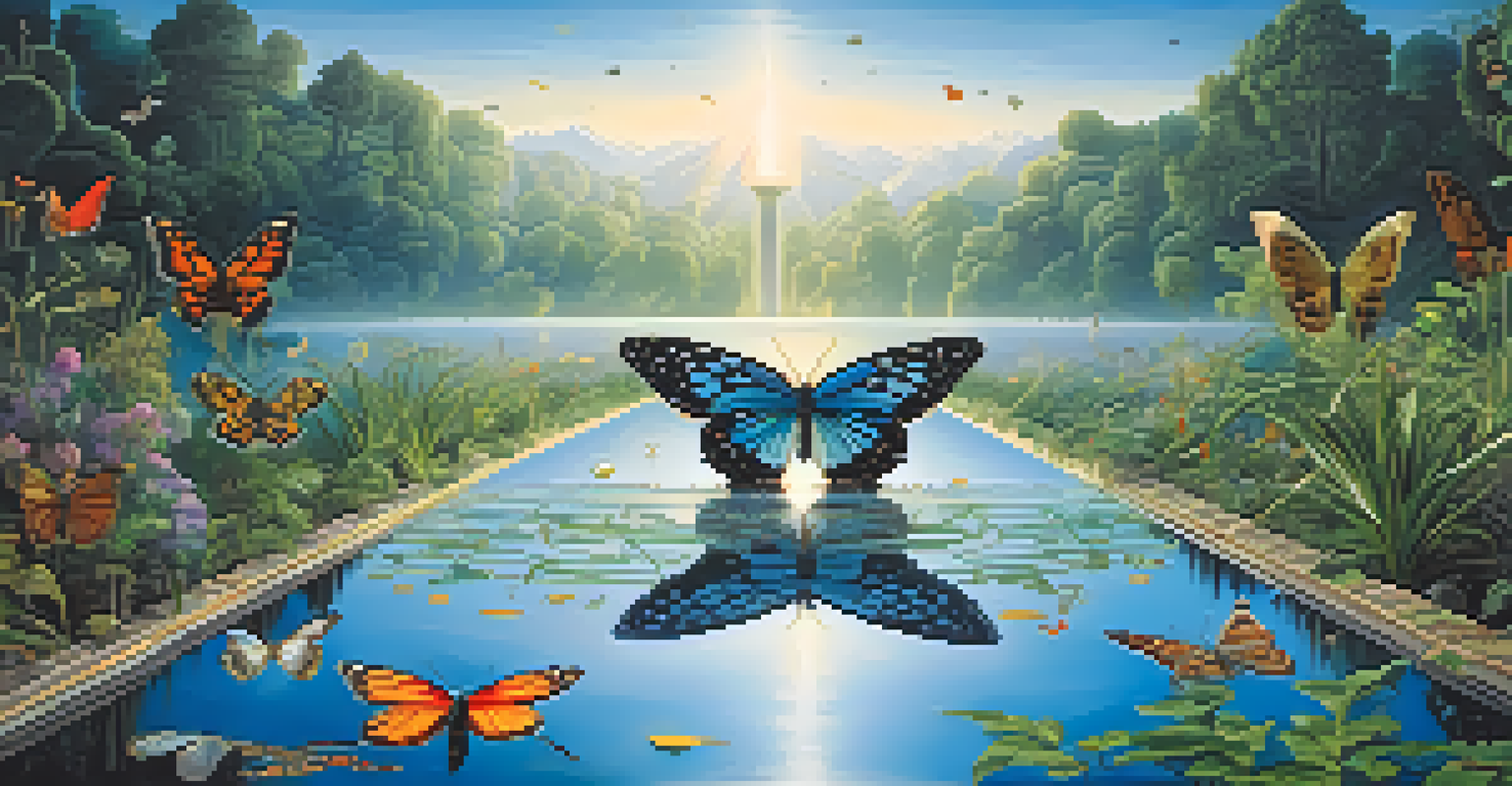 A butterfly with symbolic wings hovering above a reflective water pool, surrounded by greenery and fog.