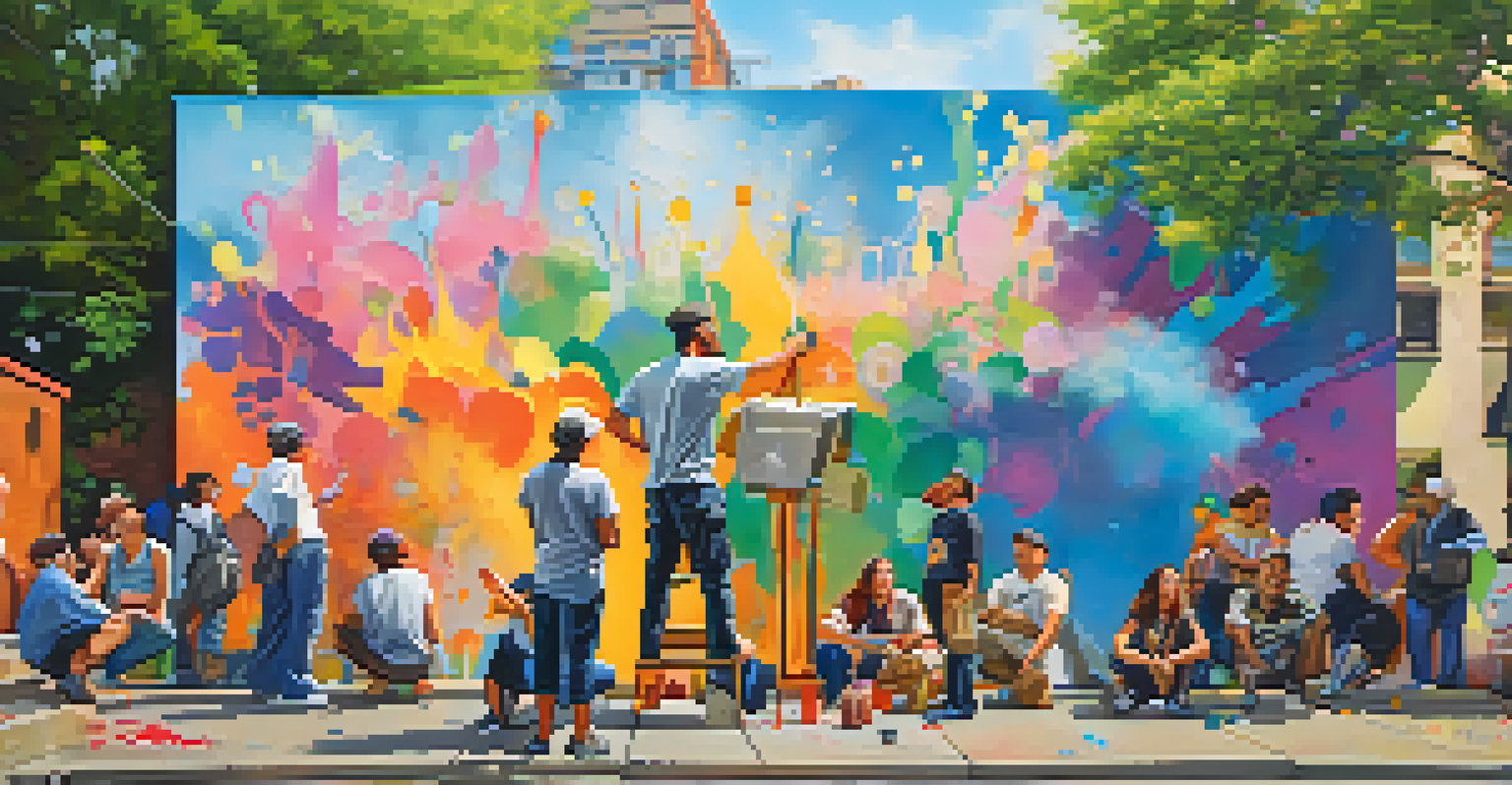A street artist at work on a mural, surrounded by people watching and discussing, with bright colors and an urban backdrop.